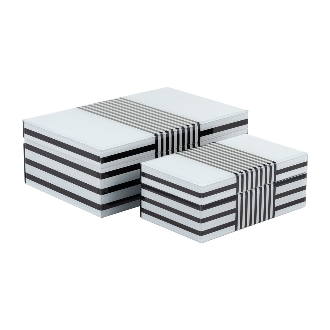 Set of 2 Decorative Storage Boxes Contemporary Black and White Striped Wooden Boxes